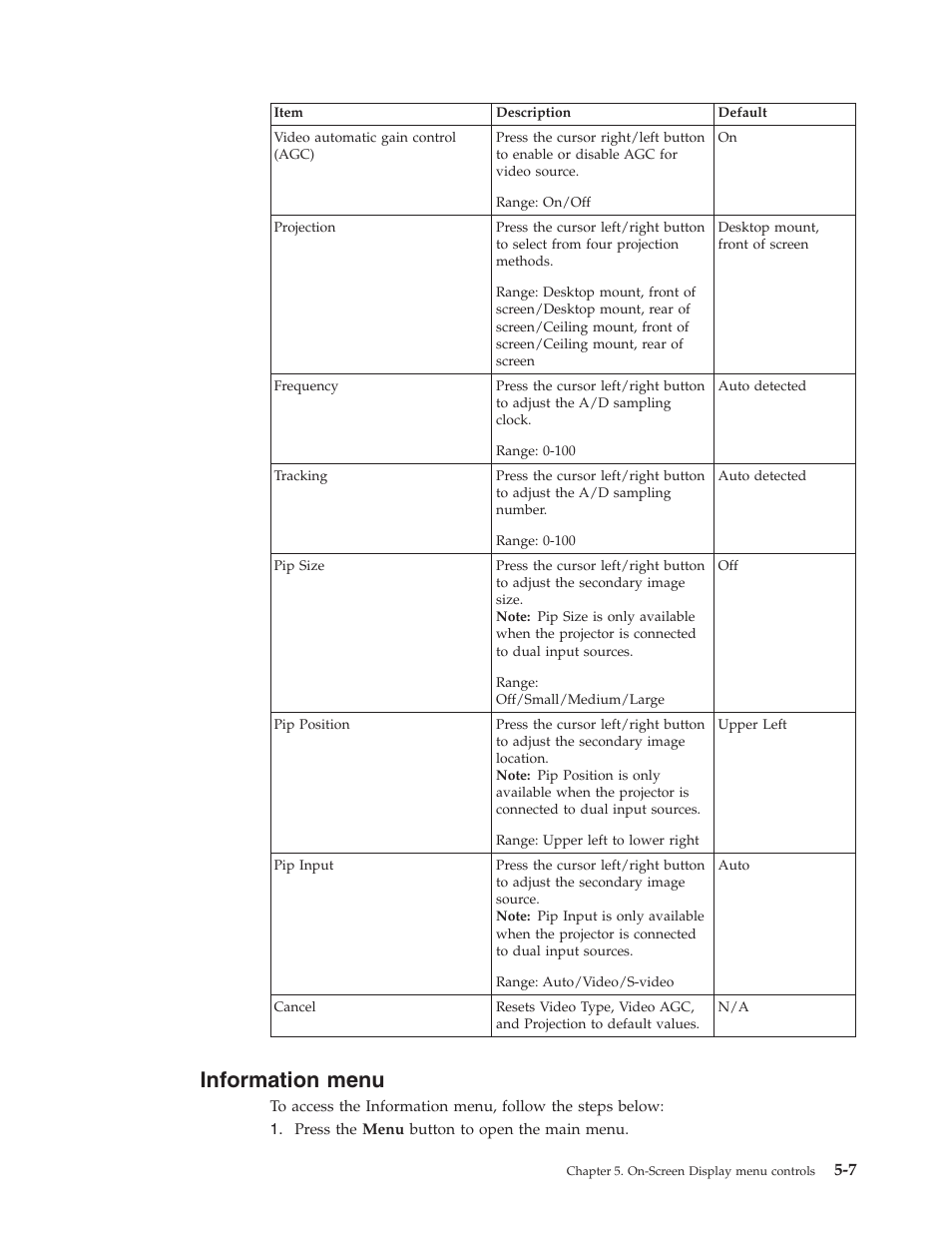 Information menu, Information, Menu | IBM PROJECTOR C400 User Manual | Page 39 / 94