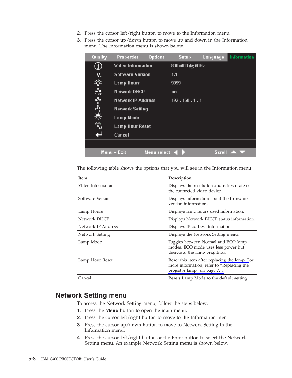 Network setting menu, Network, Setting | Menu | IBM PROJECTOR C400 User Manual | Page 40 / 94