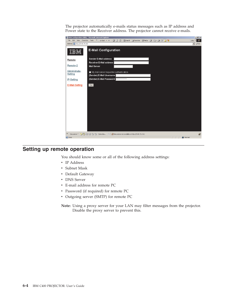 Setting up remote operation, Setting, Remote | Operation | IBM PROJECTOR C400 User Manual | Page 46 / 94