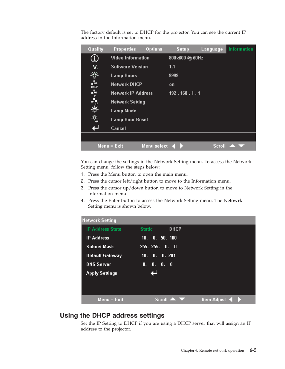 Using the dhcp address settings, Using, Dhcp | Address, Settings | IBM PROJECTOR C400 User Manual | Page 47 / 94