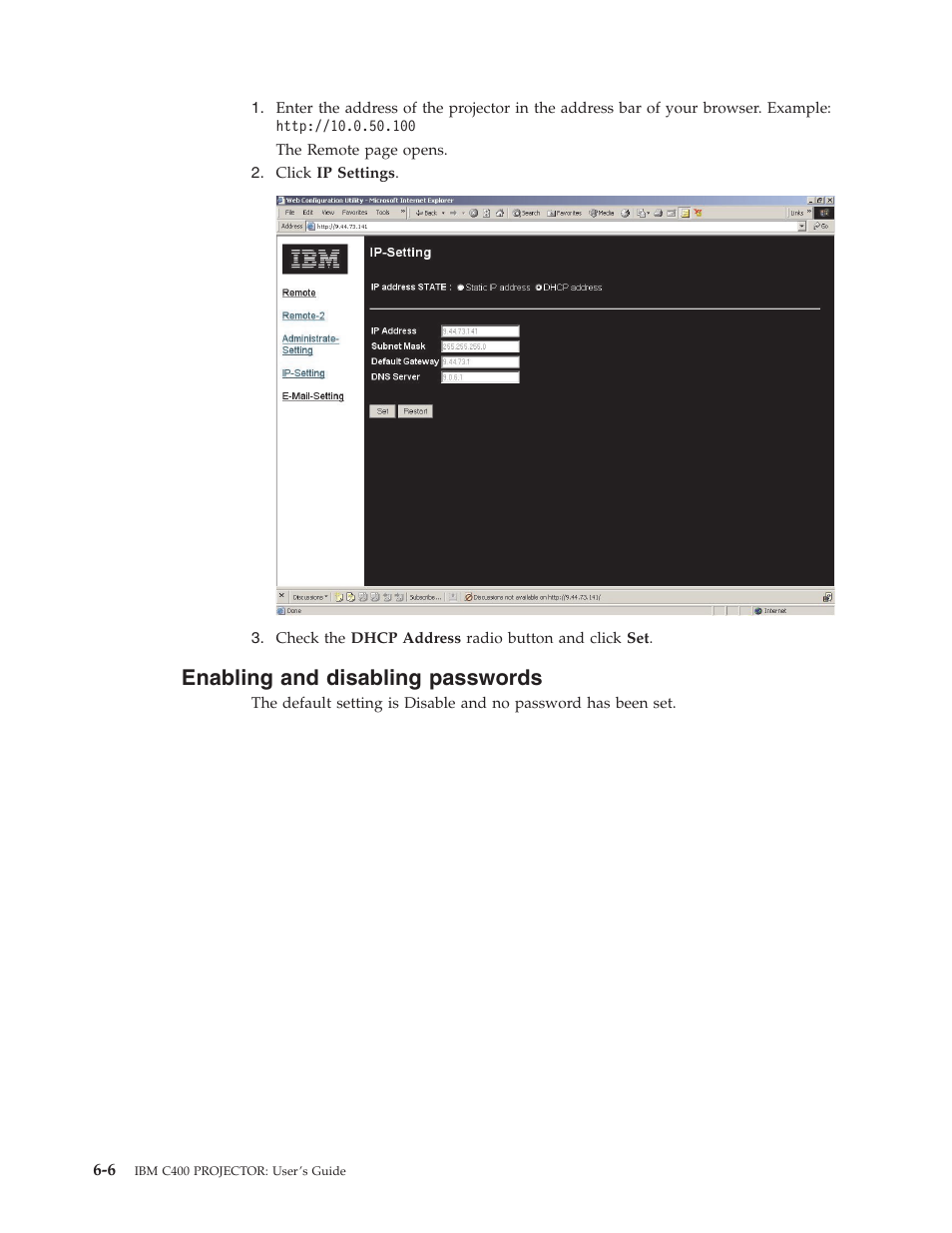 Enabling and disabling passwords, Enabling, Disabling | Passwords | IBM PROJECTOR C400 User Manual | Page 48 / 94