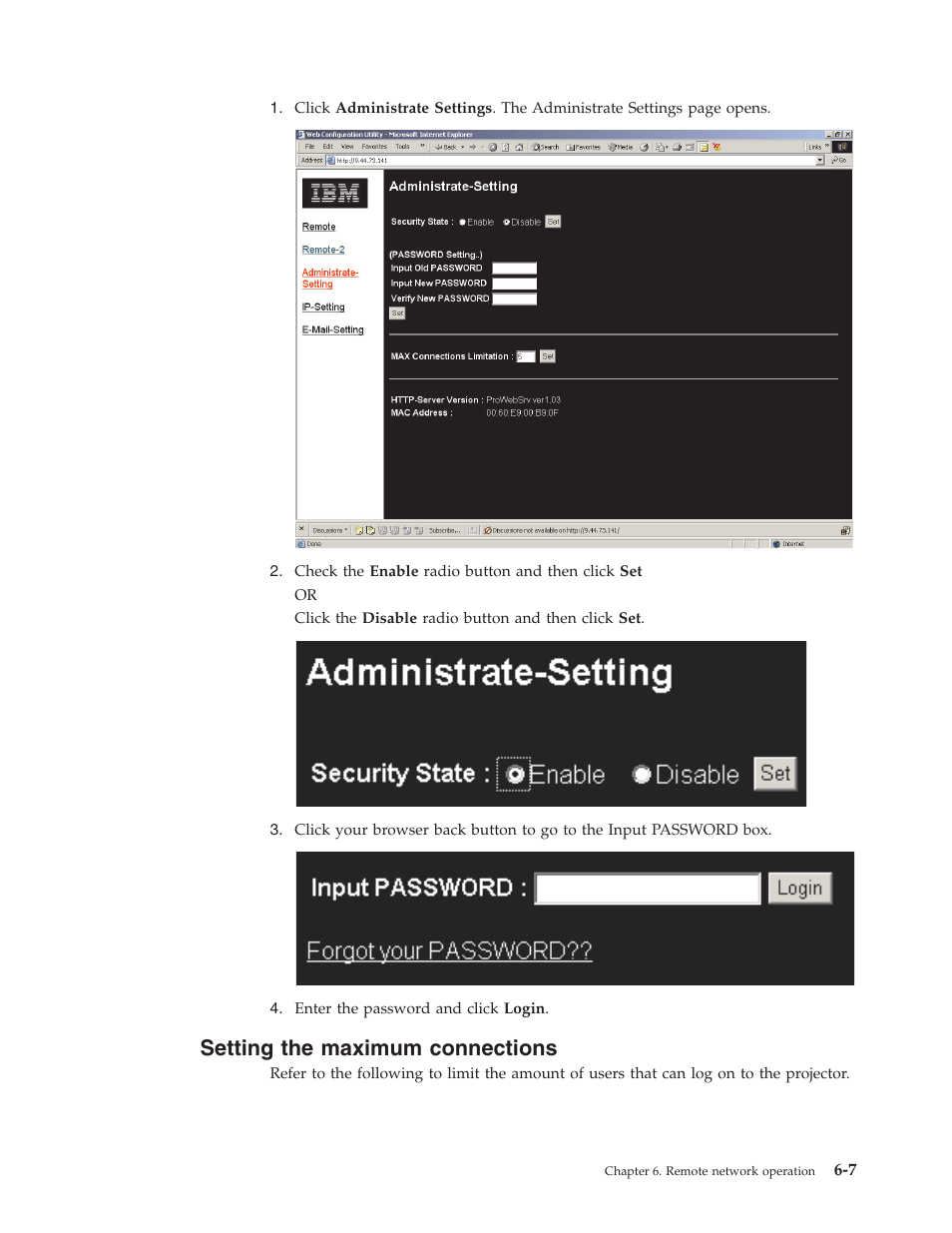 Setting the maximum connections, Setting, Maximum | Connections | IBM PROJECTOR C400 User Manual | Page 49 / 94