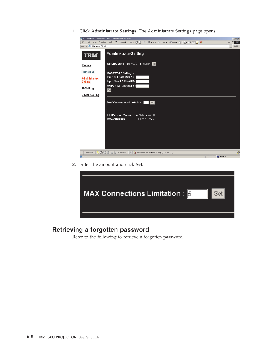 Retrieving a forgotten password, Retrieving, Forgotten | Password | IBM PROJECTOR C400 User Manual | Page 50 / 94