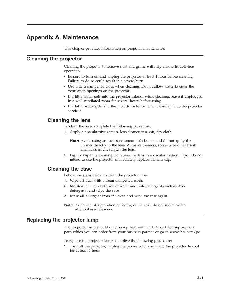 Appendix a. maintenance, Cleaning the projector, Cleaning the lens | Cleaning the case, Replacing the projector lamp, Appendix, Maintenance, Cleaning, Projector, Lens | IBM PROJECTOR C400 User Manual | Page 53 / 94