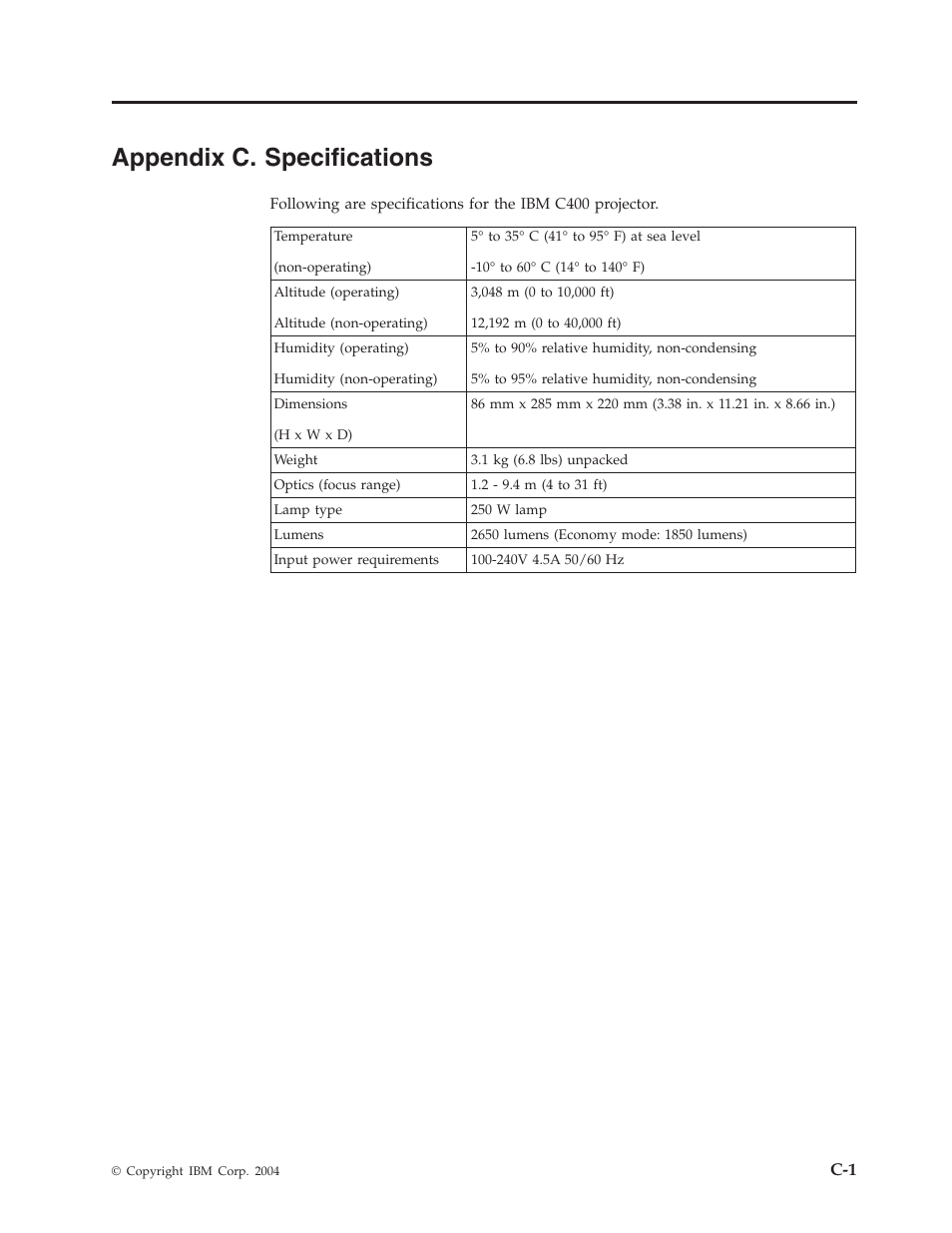 Appendix c. specifications, Appendix, Specifications | IBM PROJECTOR C400 User Manual | Page 61 / 94