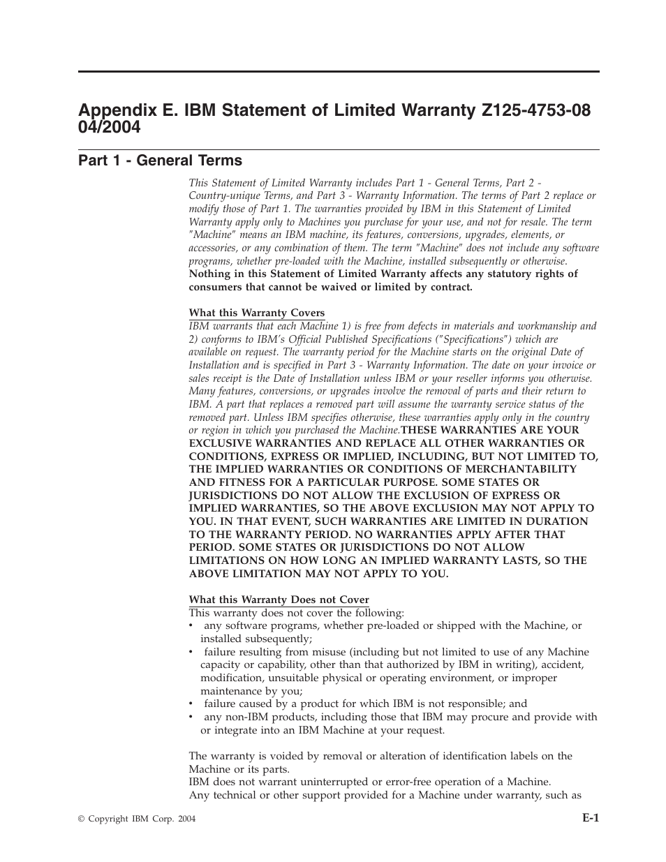 Part 1 - general terms, Appendix, Statement | Limited, Warranty, Z125-4753-08, Part, General, Terms | IBM PROJECTOR C400 User Manual | Page 67 / 94