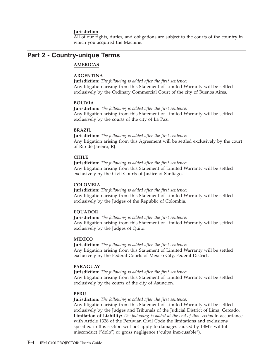 Part 2 - country-unique terms, Part, Country-unique | Terms | IBM PROJECTOR C400 User Manual | Page 70 / 94