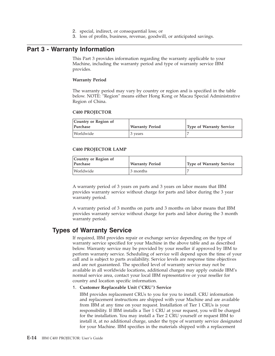 Part 3 - warranty information, Types of warranty service, Part | Warranty, Information, E-14, Types, Service | IBM PROJECTOR C400 User Manual | Page 80 / 94