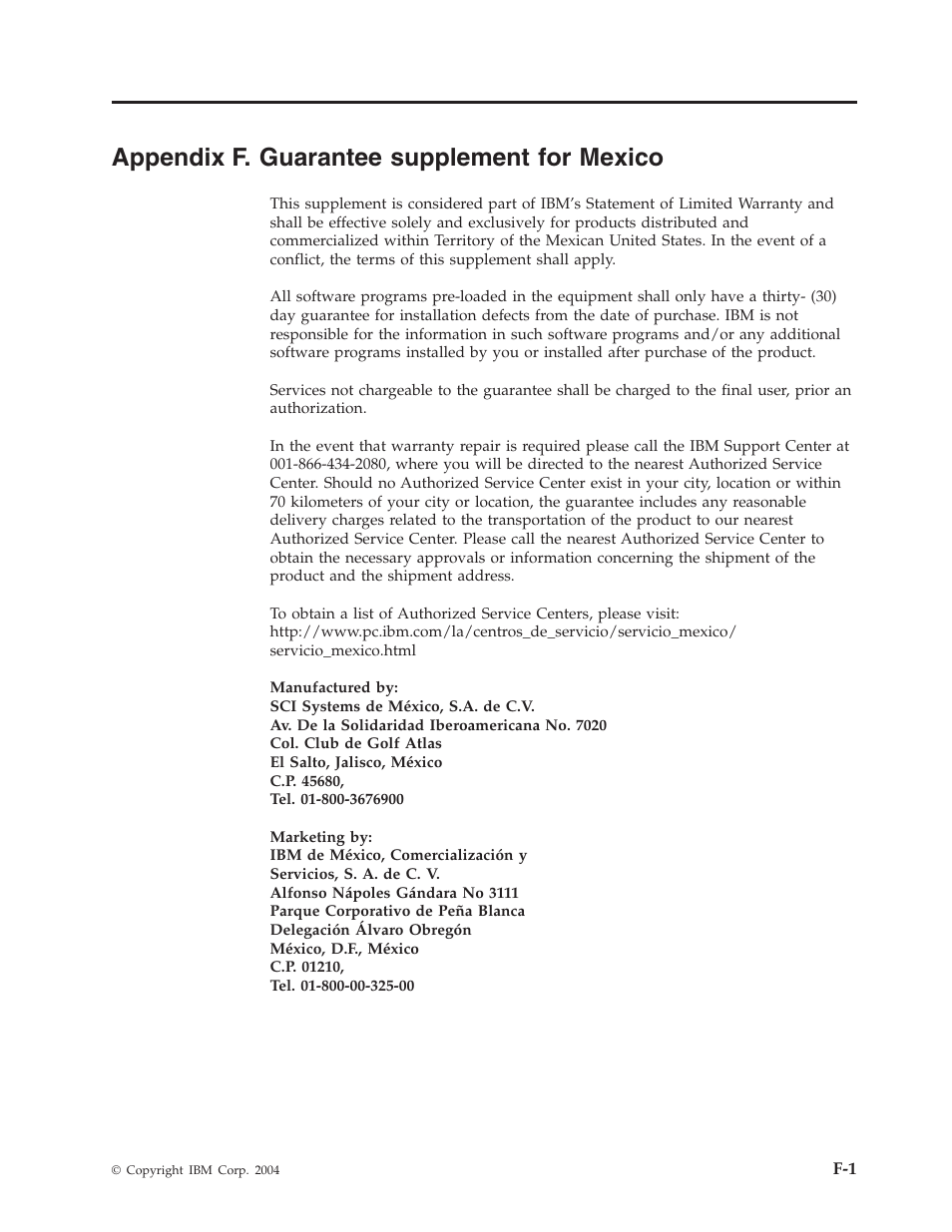 Appendix f. guarantee supplement for mexico, Appendix, Guarantee | Supplement, Mexico | IBM PROJECTOR C400 User Manual | Page 85 / 94