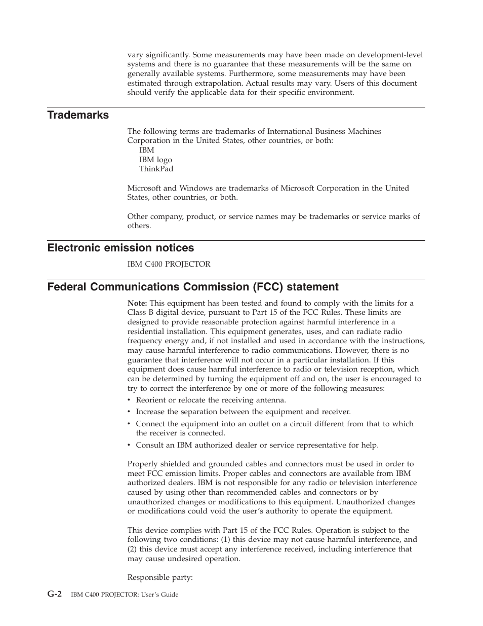 Trademarks, Electronic emission notices, Federal communications commission (fcc) statement | Electronic, Emission, Notices, Federal, Communications, Commission, Fcc) | IBM PROJECTOR C400 User Manual | Page 88 / 94