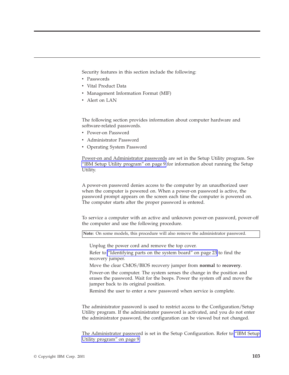 Chapter 9. additional service information, Security features, Passwords | Power-on password, Removing a power-on password, Administrator password, Administrator password control | IBM 8317 User Manual | Page 109 / 152