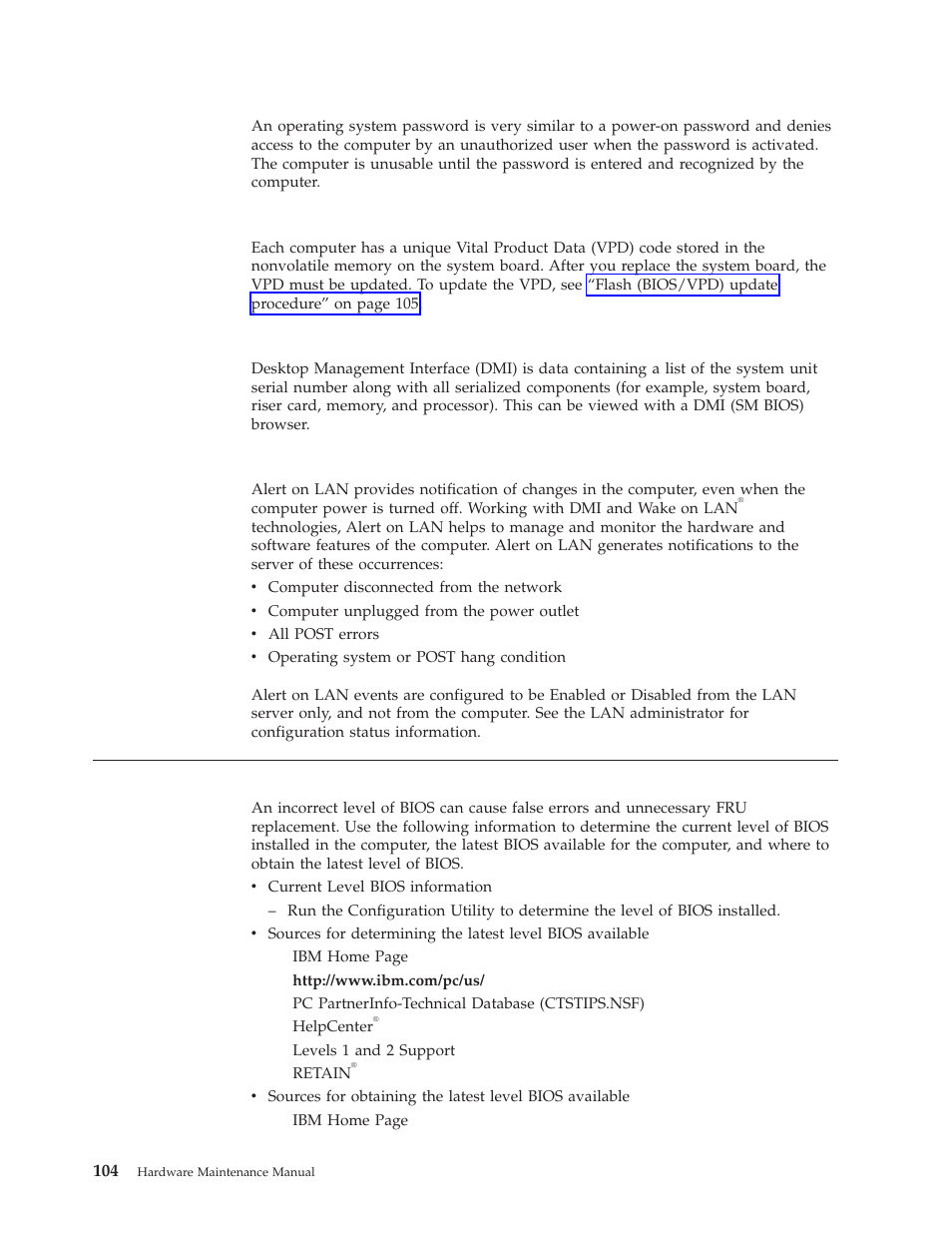 Operating system password, Vital product data, Desktop management interface (dmi) | Alert on lan, Bios levels | IBM 8317 User Manual | Page 110 / 152