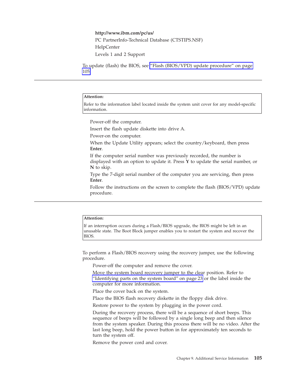 Flash (bios/vpd) update procedure, Flash recovery boot block jumper | IBM 8317 User Manual | Page 111 / 152