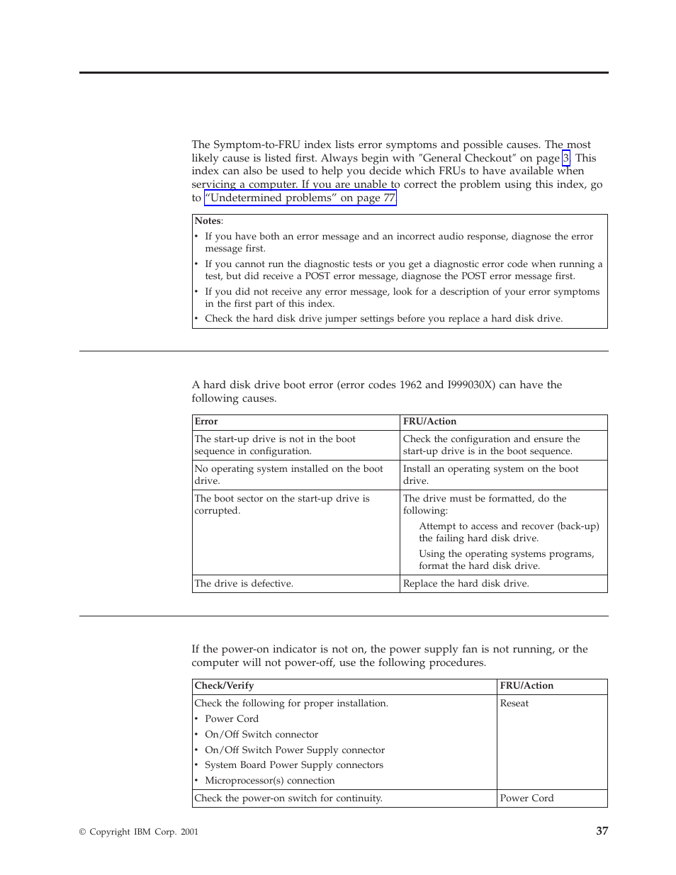 Chapter 7. symptom-to-fru index, Hard disk drive boot error, Power supply errors | IBM 8317 User Manual | Page 43 / 152