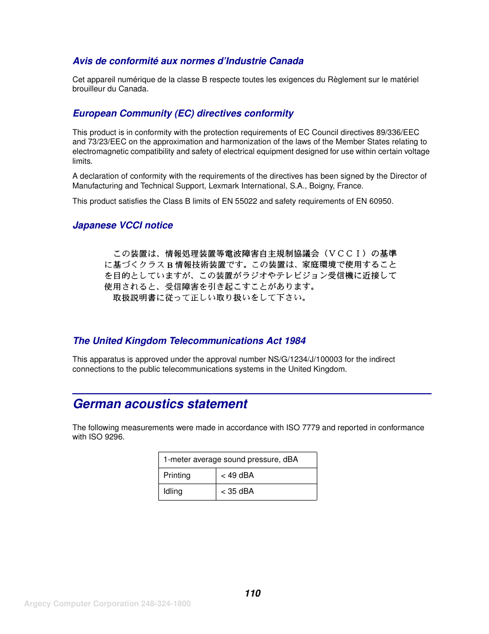 German acoustics statement | IBM INFOPRINT 1116 User Manual | Page 114 / 120