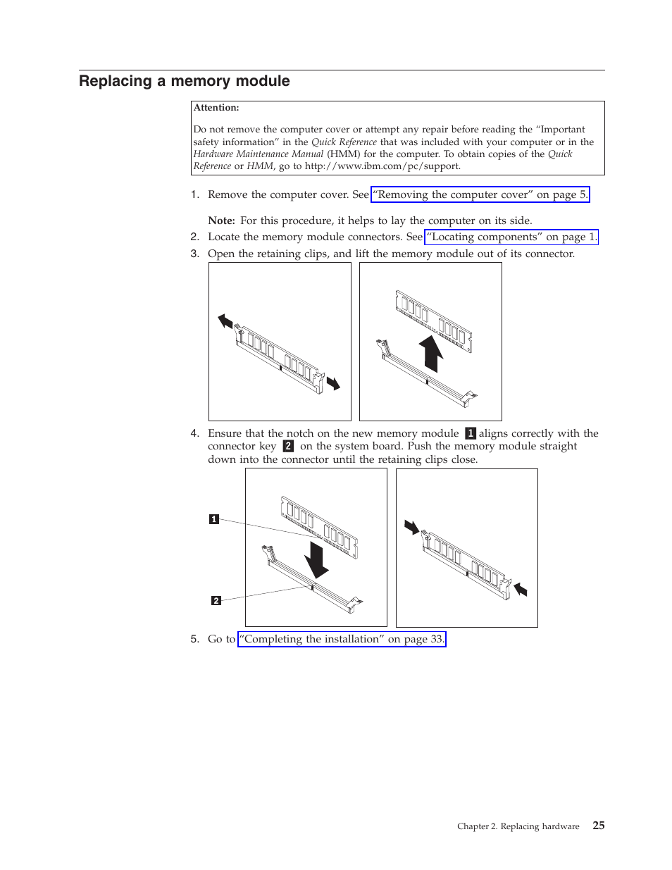 Replacing a memory module, Replacing, Memory | Module | IBM THINKCENTRE 8123 User Manual | Page 33 / 44