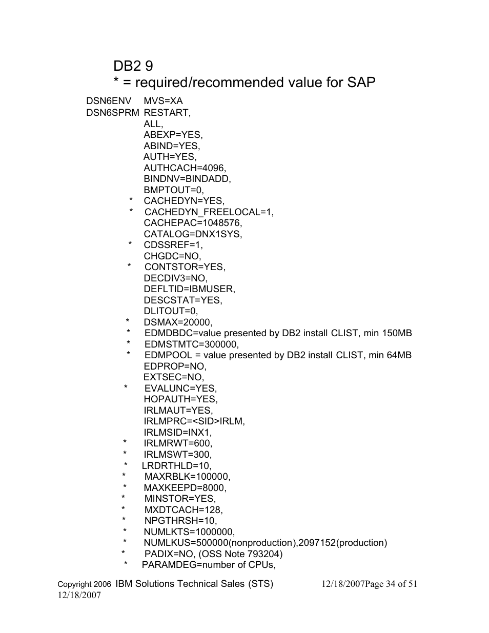 Db2 9 * = required/recommended value for sap | IBM DB2 V8 User Manual | Page 34 / 51