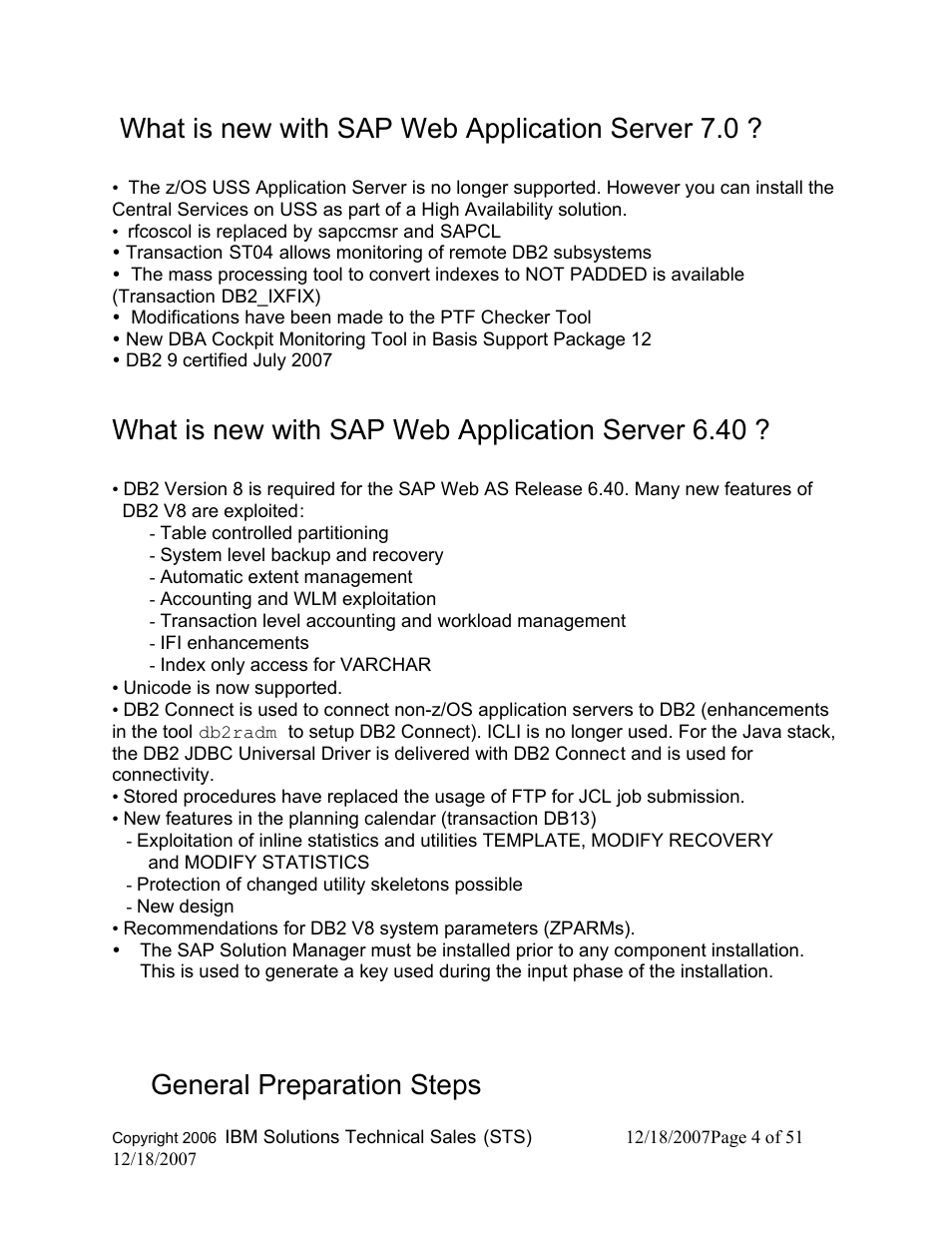 What is new with sap web application server 7.0, What is new with sap web application server 6.40, General preparation steps | IBM DB2 V8 User Manual | Page 4 / 51