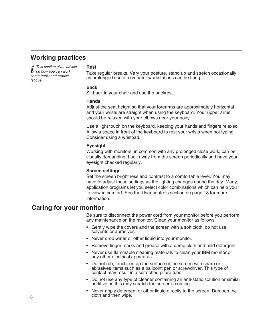 Working practices, Caring for your monitor | IBM L190 User Manual | Page 10 / 32