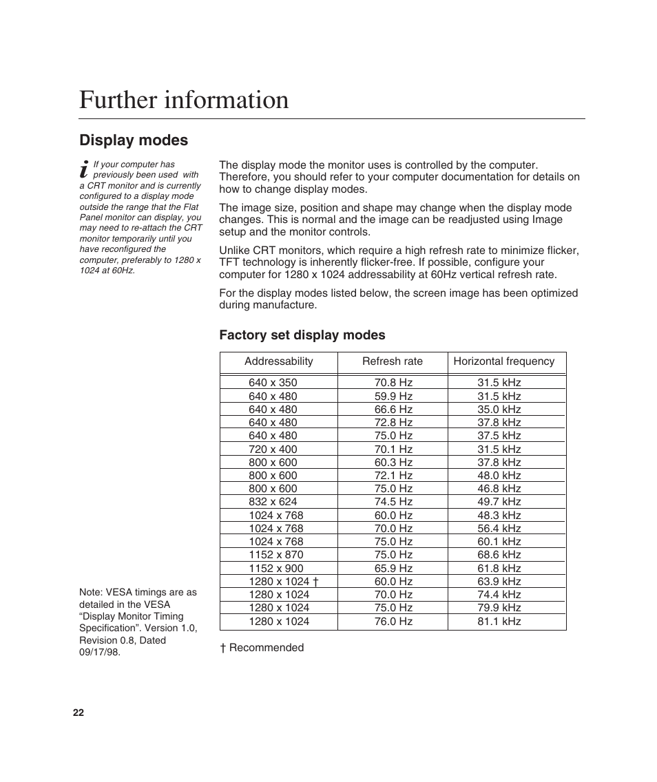 Further information, Display modes | IBM L190 User Manual | Page 24 / 32