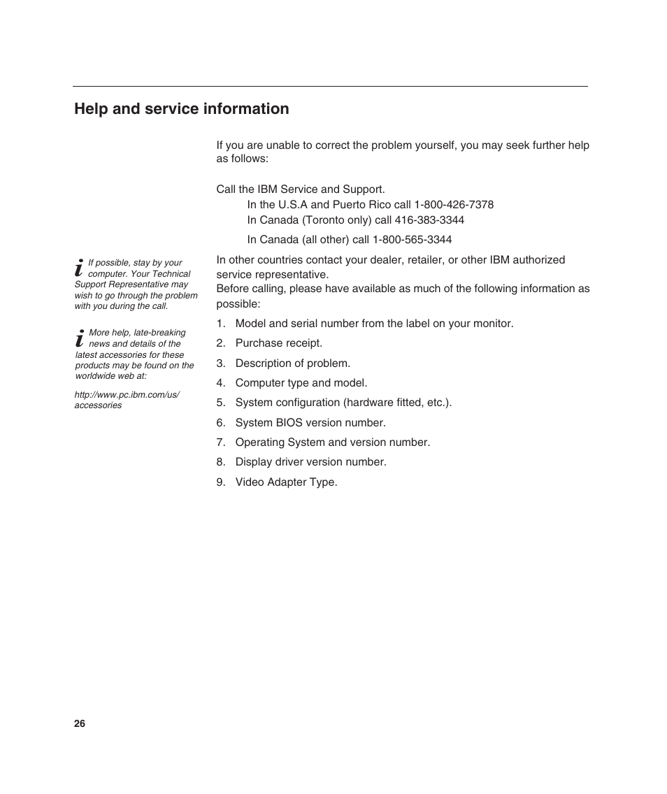 Help and service information | IBM L190 User Manual | Page 28 / 32