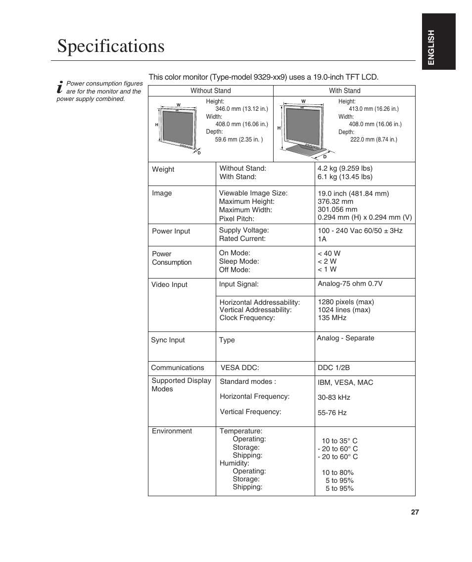 Specifications | IBM L190 User Manual | Page 29 / 32