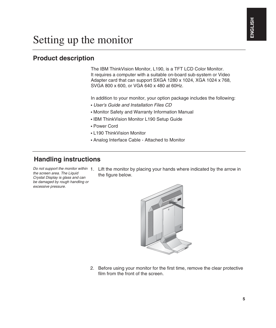 Setting up the monitor, Product description, Handling instructions | IBM L190 User Manual | Page 7 / 32