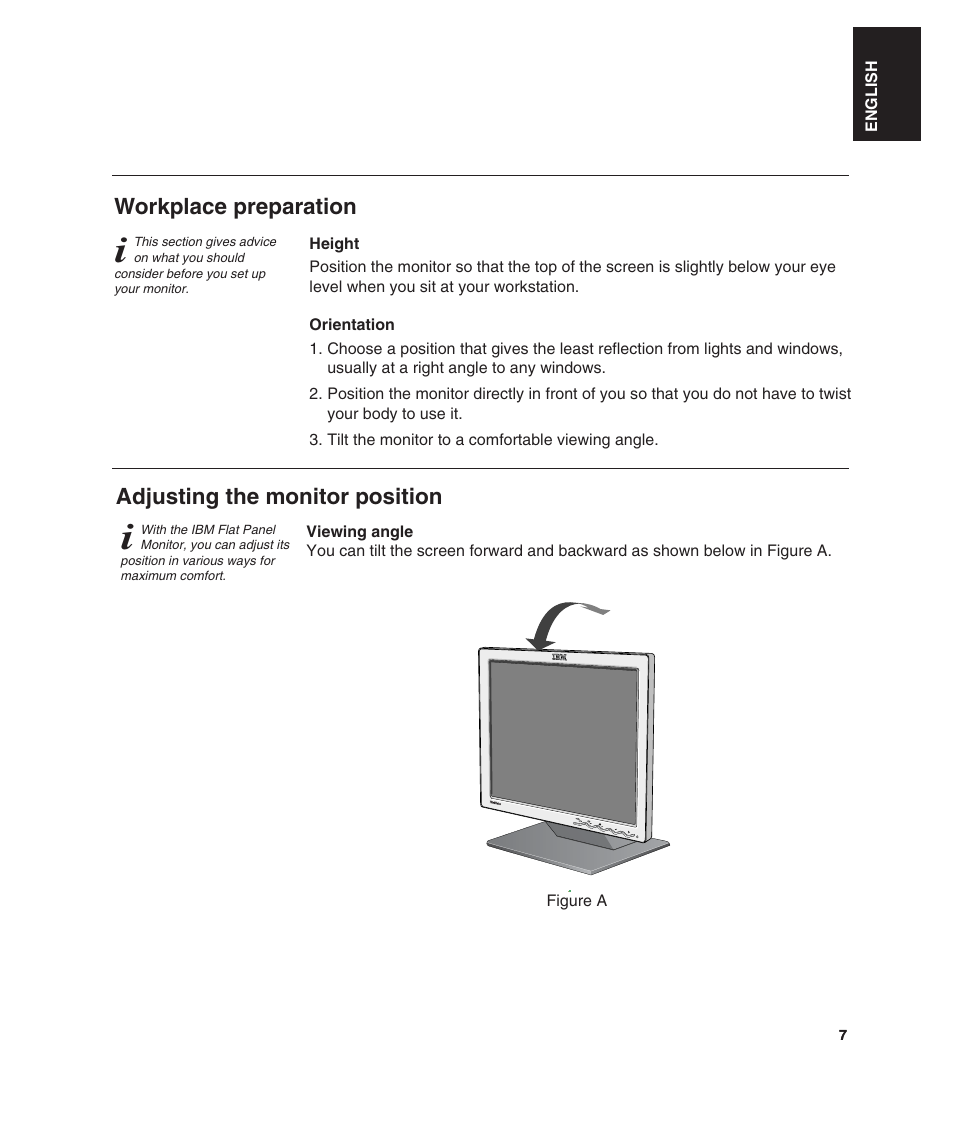 Workplace preparation, Adjusting the monitor position | IBM L190 User Manual | Page 9 / 32