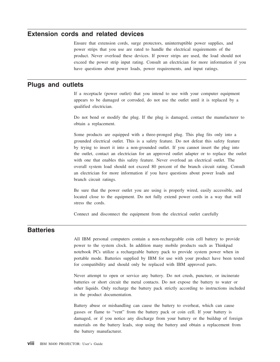 Extension cords and related devices, Viii, Plugs and outlets | Batteries | IBM M400 User Manual | Page 10 / 86