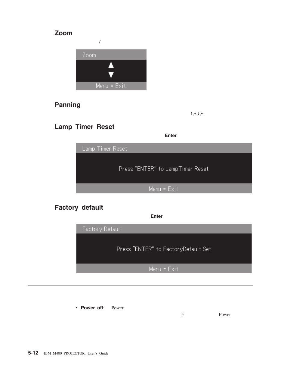 Zoom, Panning, Lamp timer reset | Factory default | IBM M400 User Manual | Page 44 / 86