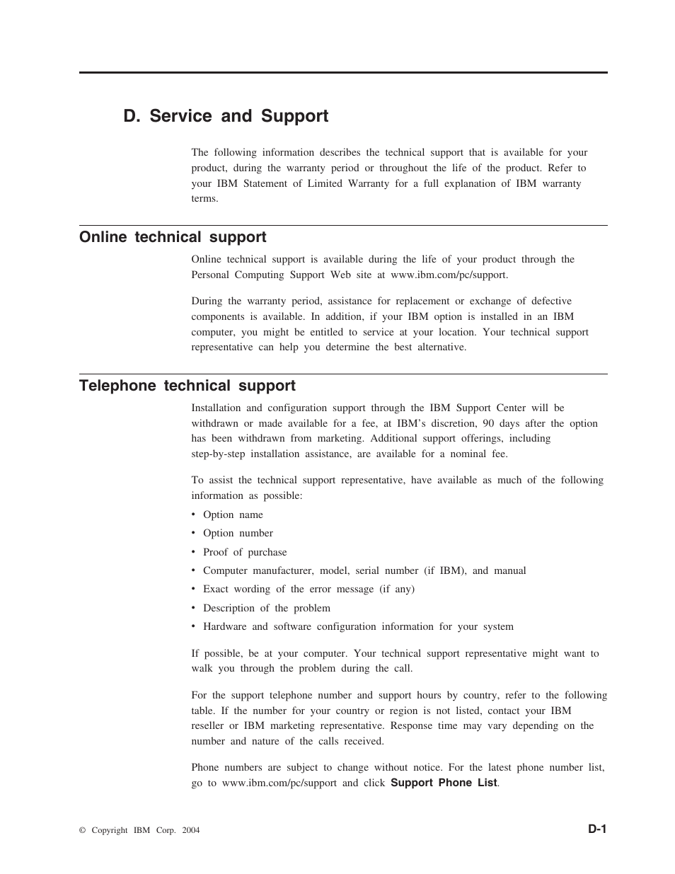 D. service and support, D. service and support . . . . d-1, Online technical support | Telephone technical support | IBM M400 User Manual | Page 57 / 86