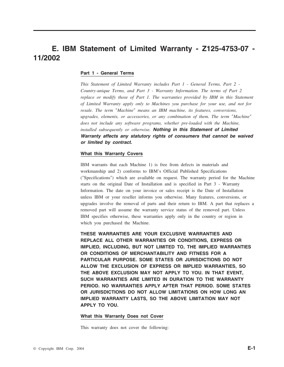 E. ibm statement of, Limited warranty - z125-4753-07 - 11/2002, E. ibm statement of limited | Warranty - z125-4753-07 - 11/2002 . . e-1 | IBM M400 User Manual | Page 59 / 86