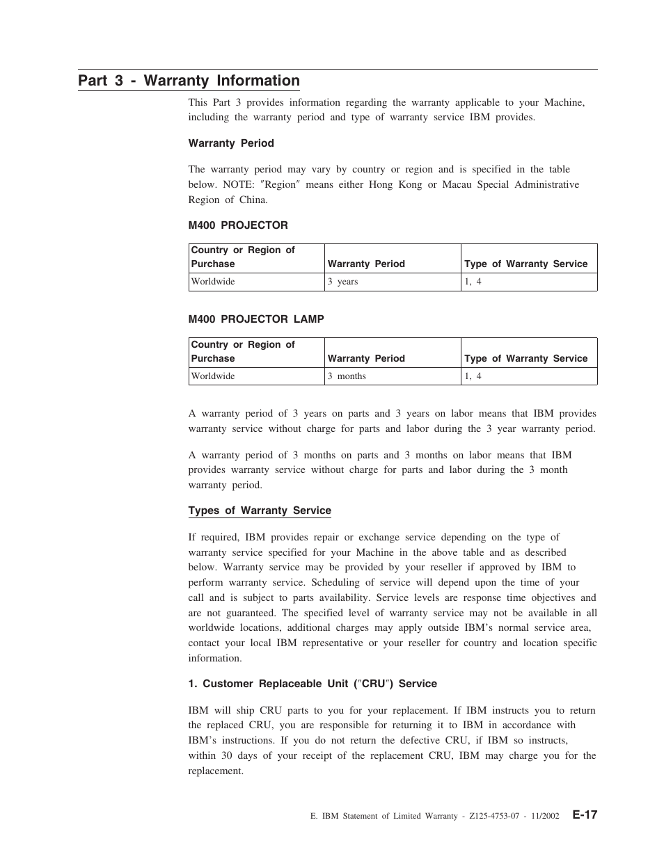 Part 3 - warranty information, E-17 | IBM M400 User Manual | Page 75 / 86