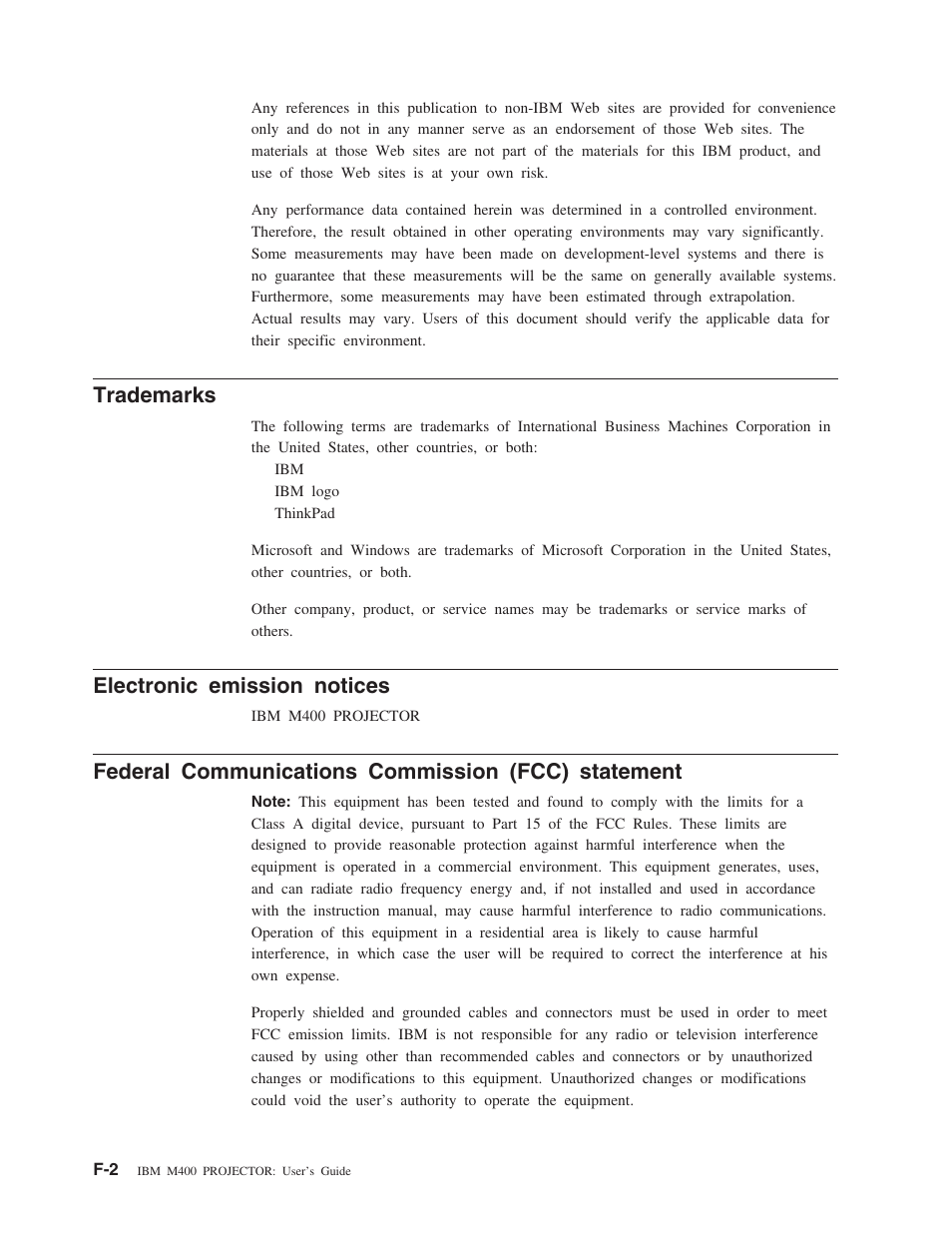 Trademarks, Electronic emission notices, Federal communications commission (fcc) statement | IBM M400 User Manual | Page 80 / 86