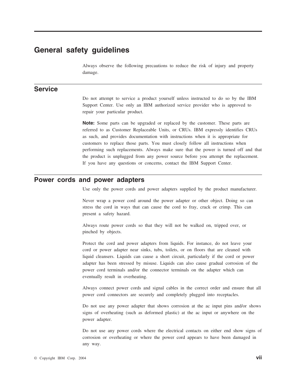 General safety guidelines . . . . . . vii, Service, Power cords and power adapters | General safety guidelines | IBM M400 User Manual | Page 9 / 86