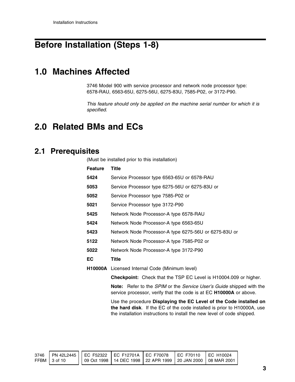0 related bms and ecs, 1 prerequisites | IBM PN 10K8798 User Manual | Page 3 / 10