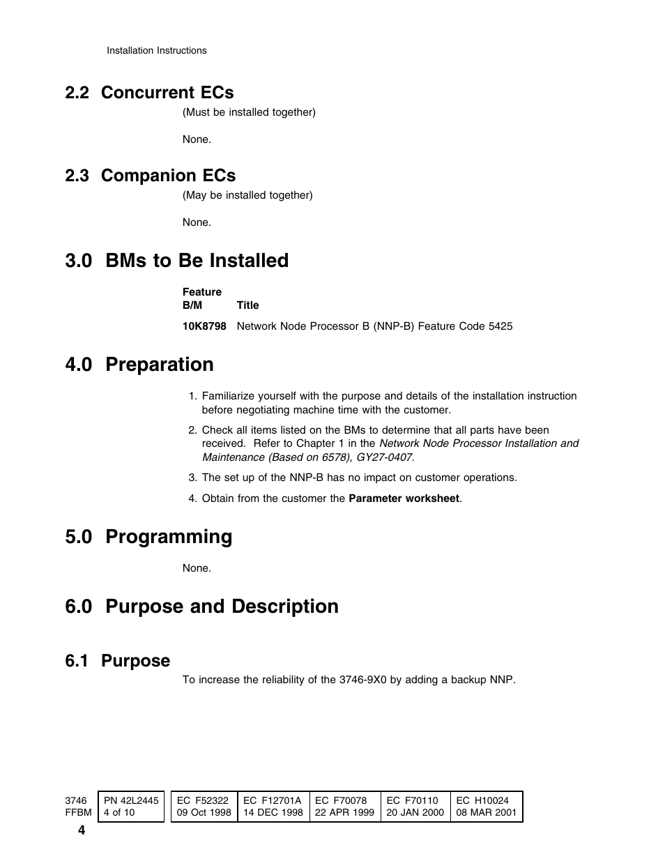 0 bms to be installed, 0 preparation, 0 programming | 0 purpose and description, 2 concurrent ecs, 3 companion ecs, 1 purpose | IBM PN 10K8798 User Manual | Page 4 / 10