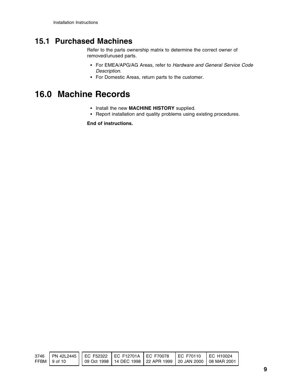 0 machine records, 1 purchased machines | IBM PN 10K8798 User Manual | Page 9 / 10