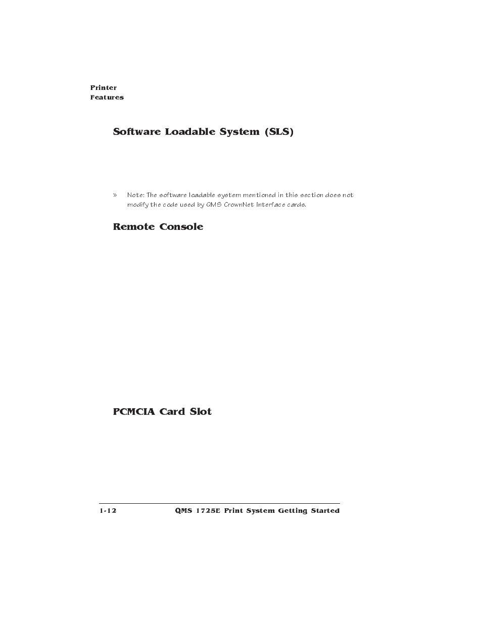 Software loadable system (sls), Remote console, Pcmcia card slot | IBM Print System QMS 1725E User Manual | Page 20 / 94