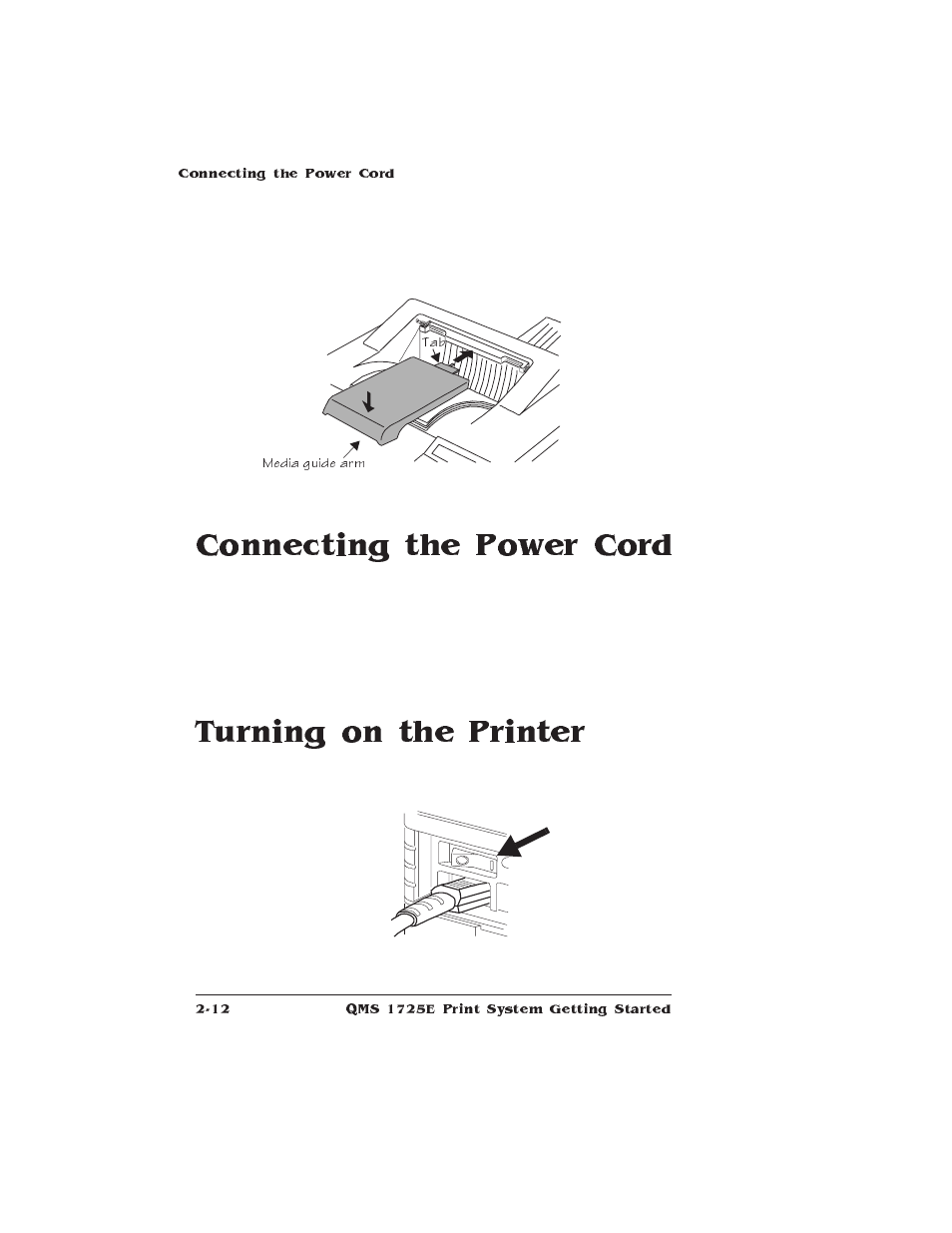 Connecting the power cord, Turning on the printer | IBM Print System QMS 1725E User Manual | Page 36 / 94