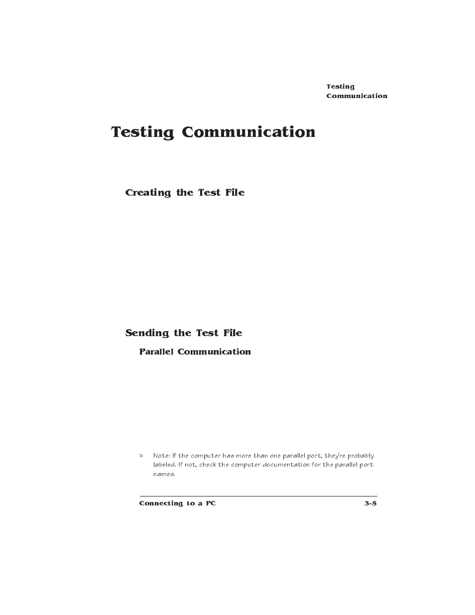 Testing communication, Creating the test file, Sending the test file | Connecting via the parallel port | IBM Print System QMS 1725E User Manual | Page 45 / 94
