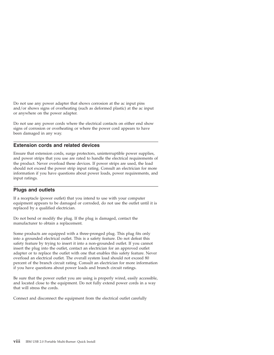 Extension cords and related devices, Plugs and outlets, Extension | Cords, Related, Devices, Viii, Plugs, Outlets | IBM 22P9189 User Manual | Page 10 / 138