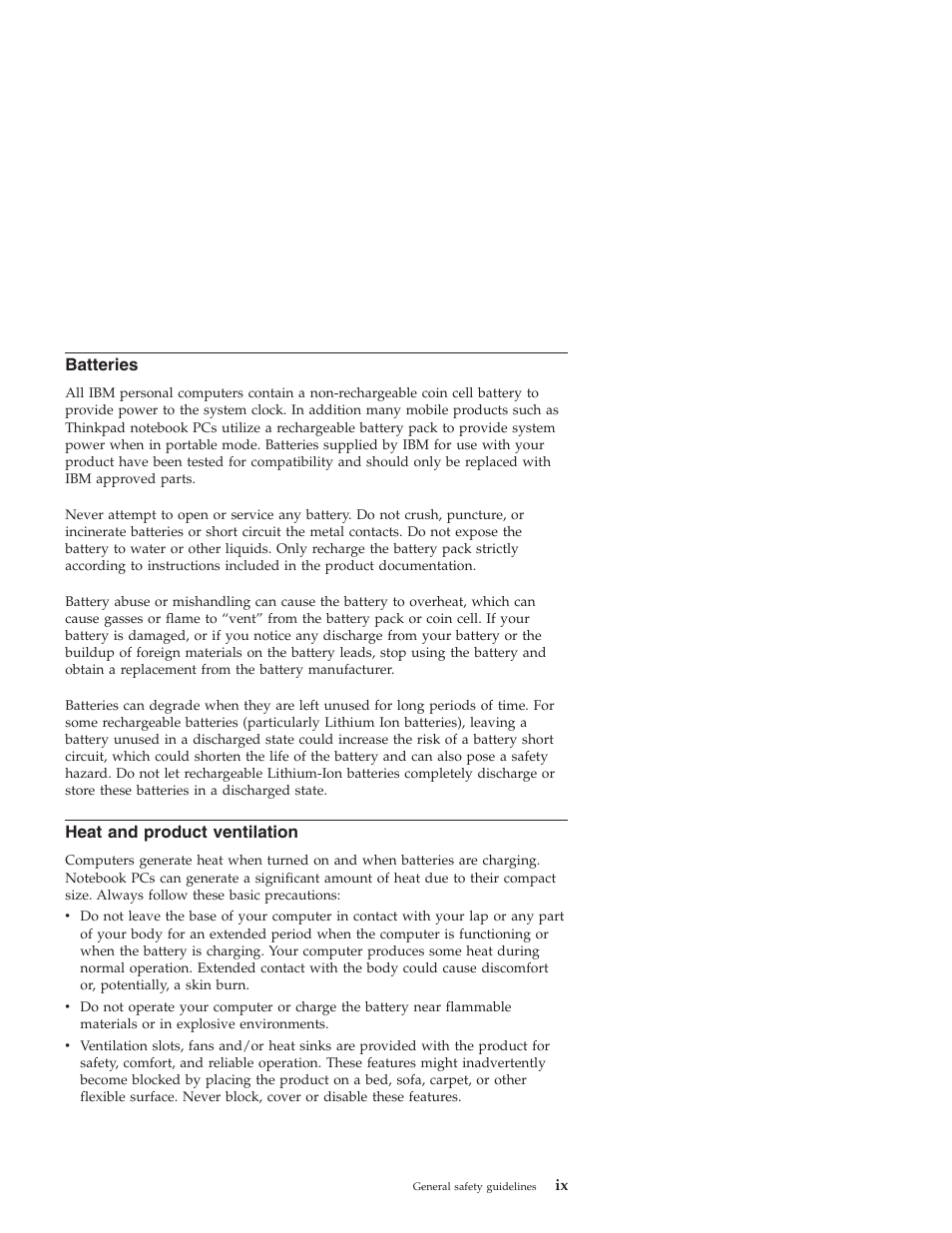 Batteries, Heat and product ventilation, Heat | Product, Ventilation | IBM 22P9189 User Manual | Page 11 / 138