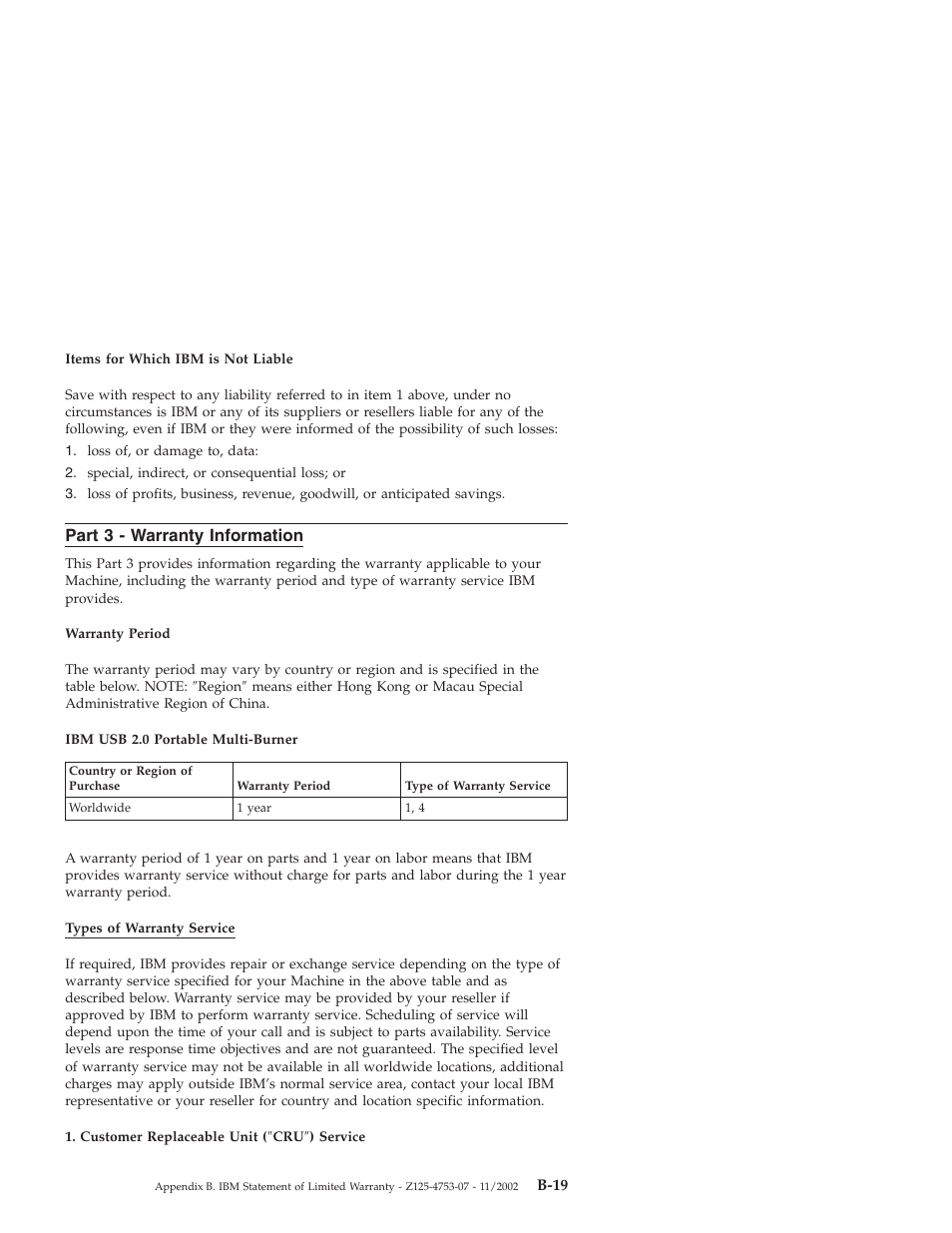 Part 3 - warranty information, Part, Warranty | Information, B-19 | IBM 22P9189 User Manual | Page 131 / 138