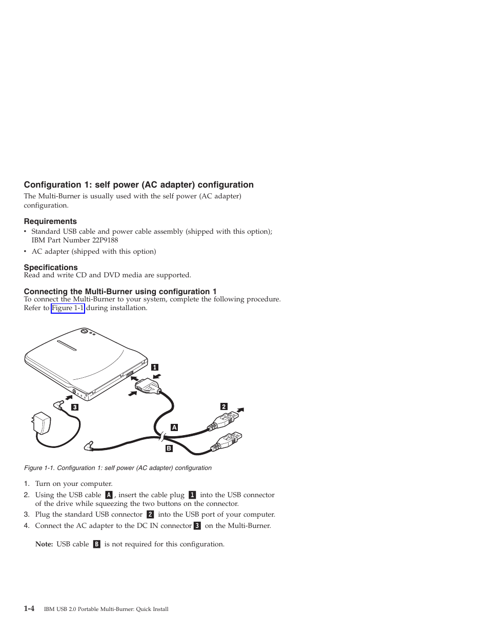 Requirements, Specifications, Connecting the multi-burner using configuration 1 | Configuration, Self, Power, Adapter) | IBM 22P9189 User Manual | Page 18 / 138