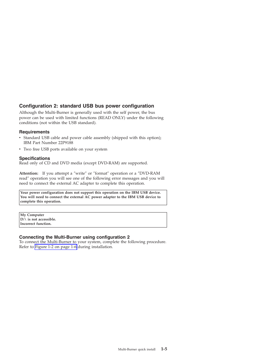 Requirements, Specifications, Connecting the multi-burner using configuration 2 | Configuration, Standard, Power | IBM 22P9189 User Manual | Page 19 / 138