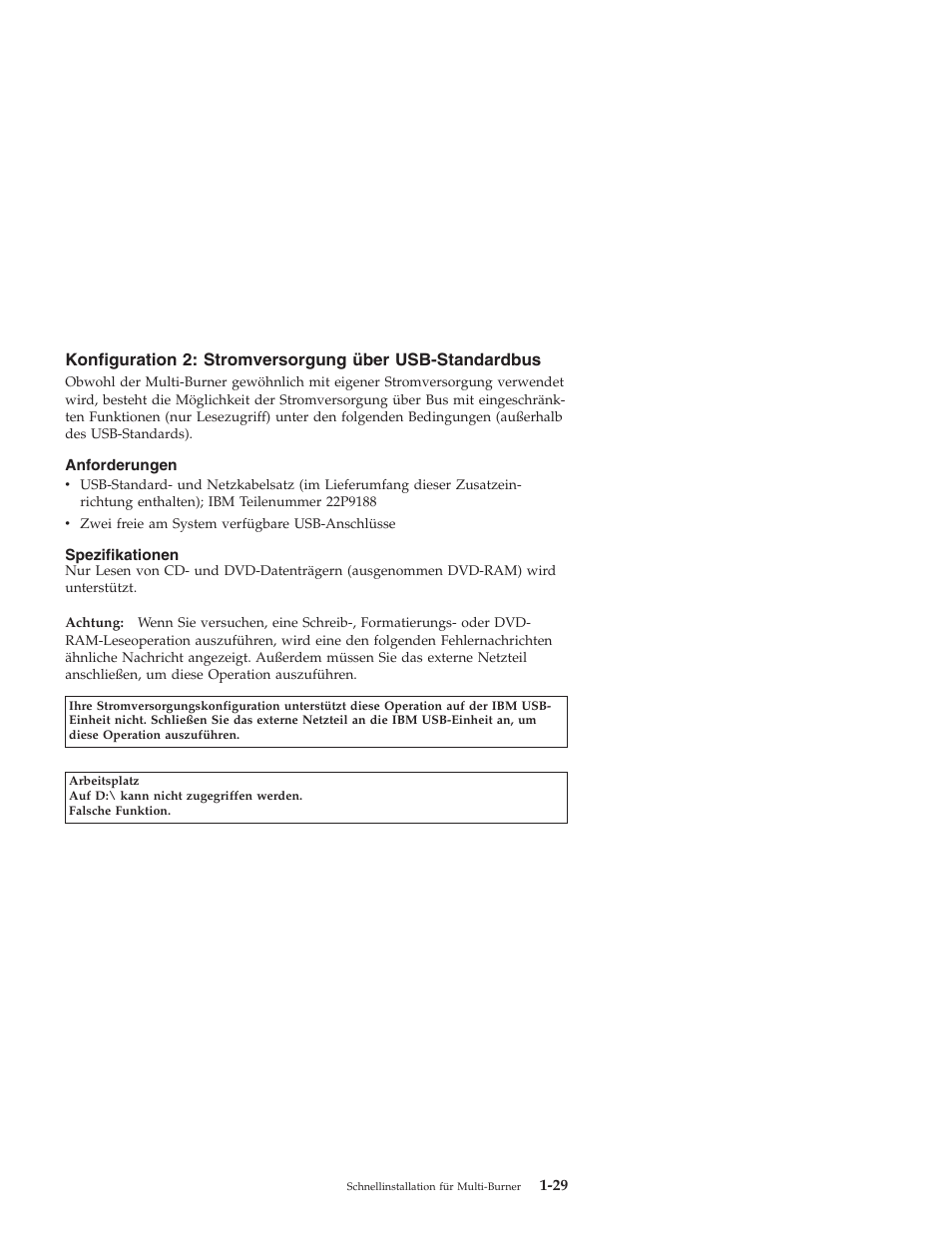 Konfiguration, Stromversorgung, Über | Usb-standardbus | IBM 22P9189 User Manual | Page 43 / 138