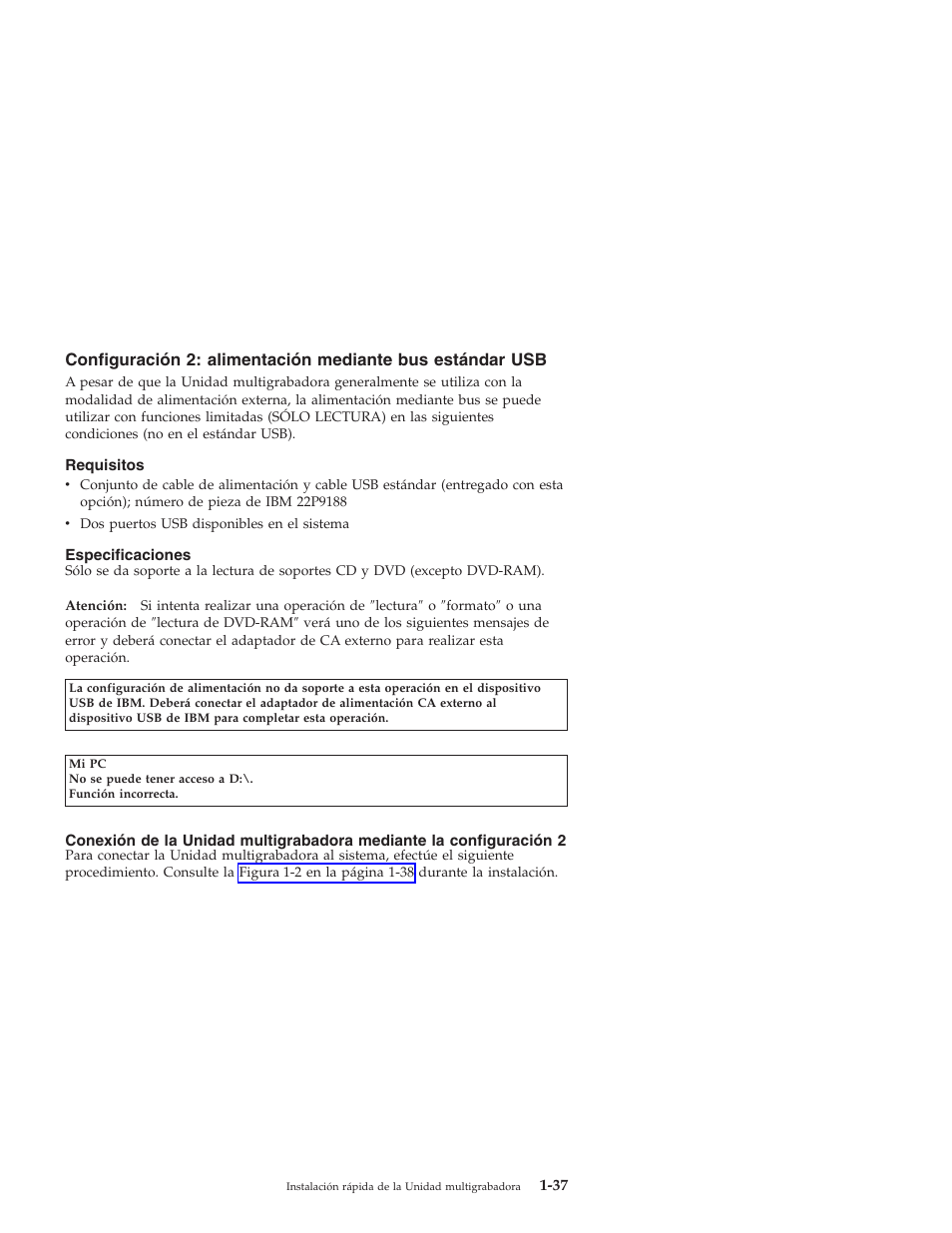 Configuración, Alimentación, Mediante | Estándar | IBM 22P9189 User Manual | Page 51 / 138