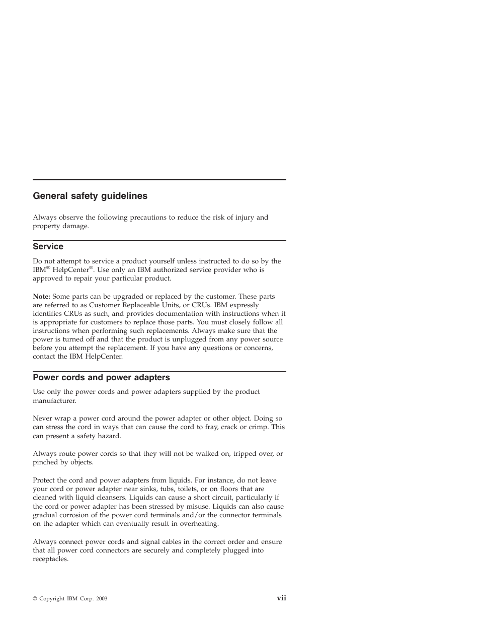 General safety guidelines, Service, Power cords and power adapters | General, Safety, Guidelines, Power, Cords, Adapters | IBM 22P9189 User Manual | Page 9 / 138