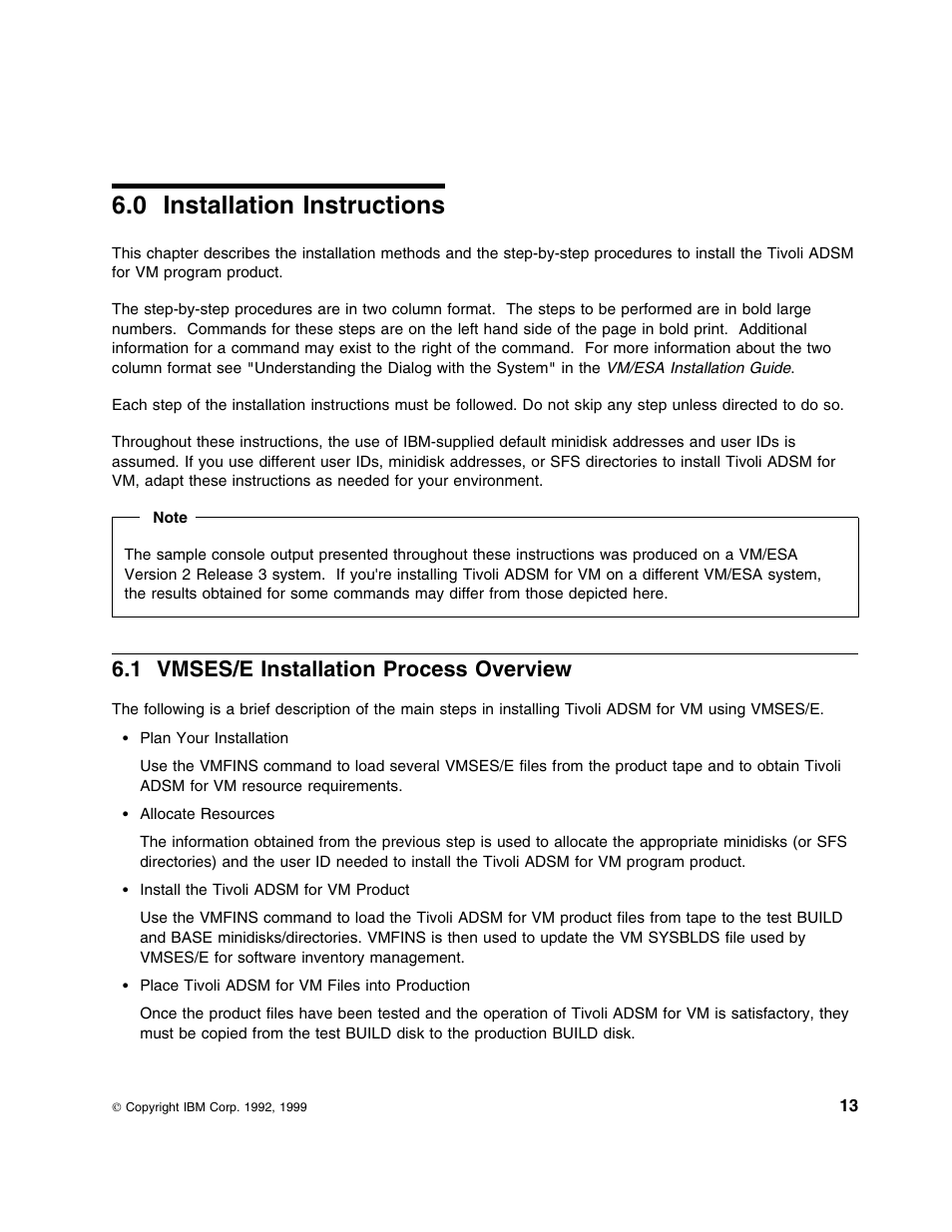 0 installation instructions, 1 vmses/e installation process overview | IBM TIVOLI ADSTAR 5697-VM3 User Manual | Page 17 / 62